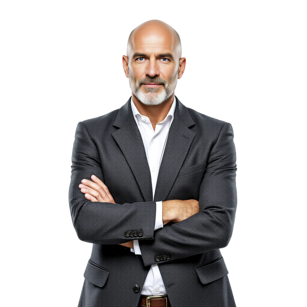 A bald man in a suit standing with his arms crossed png