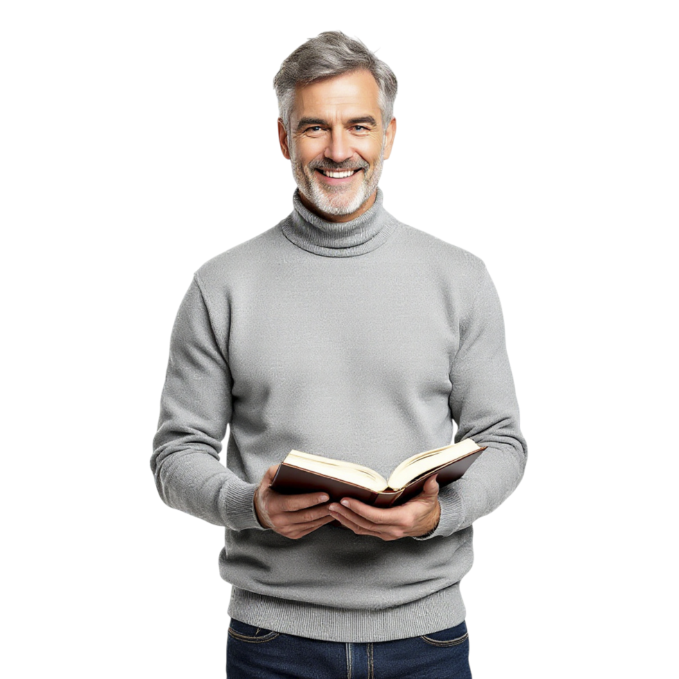 A man in a sweater holding an open book png