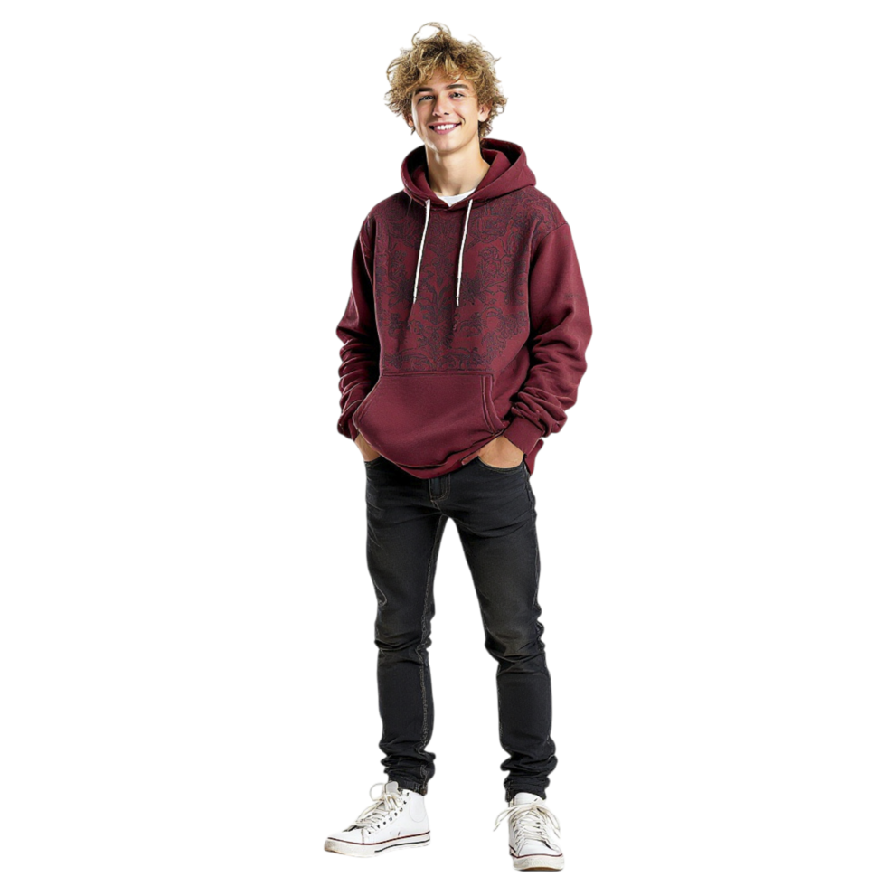 A young man in a burgundy hoodie and black jeans png
