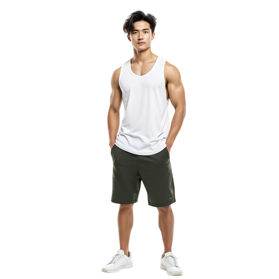 A man in a white tank top and shorts png