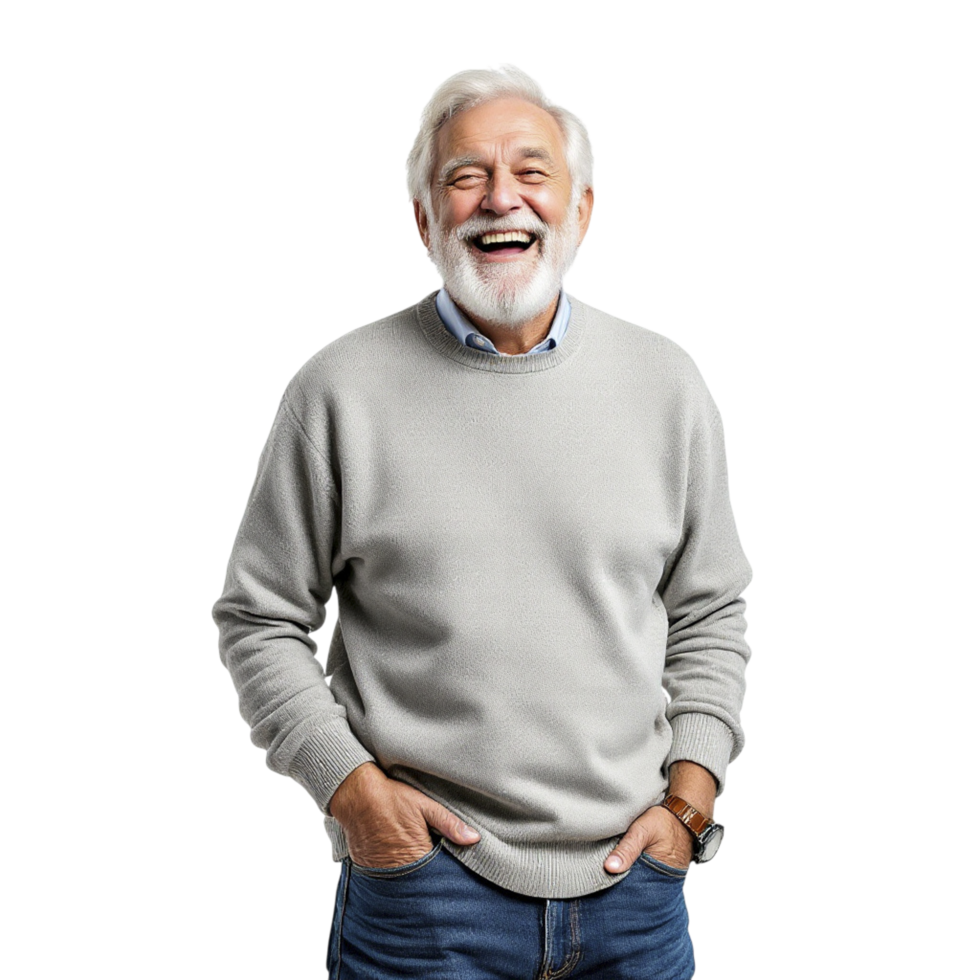 A man with a white beard and a grey sweater is laughing png