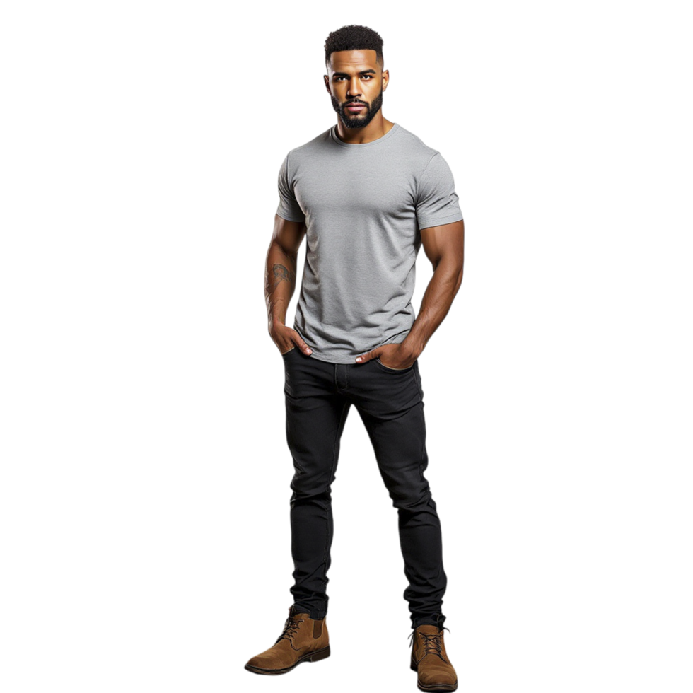 A man in a grey t - shirt and jeans png