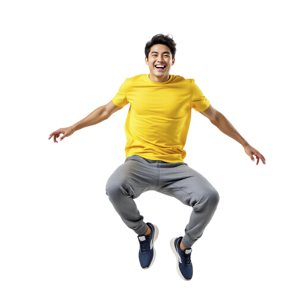 A man in yellow shirt jumping in the air png