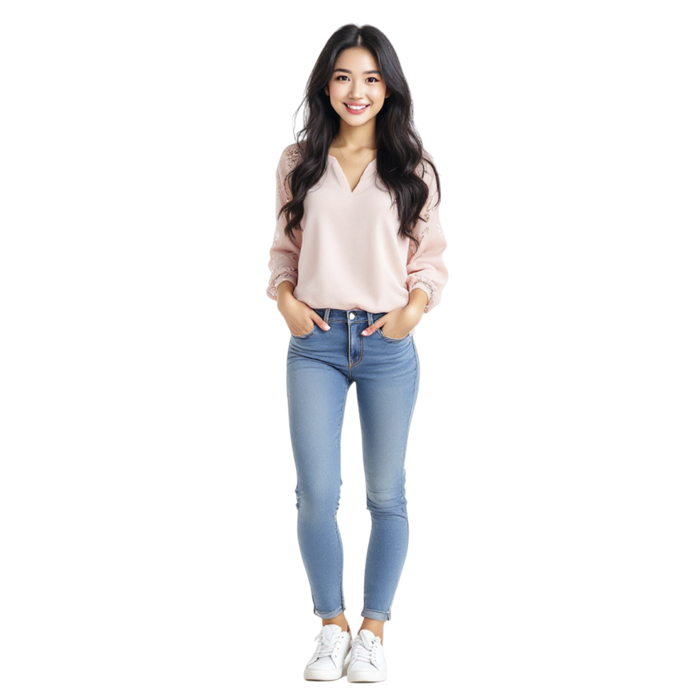 Asian woman in jeans and blouse standing in front of black background png