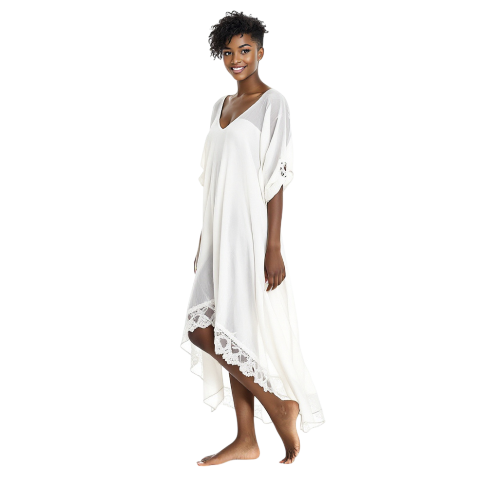 A woman in a white dress standing on a black background png