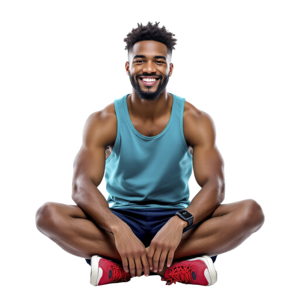 A man in a tank top sitting on the floor png
