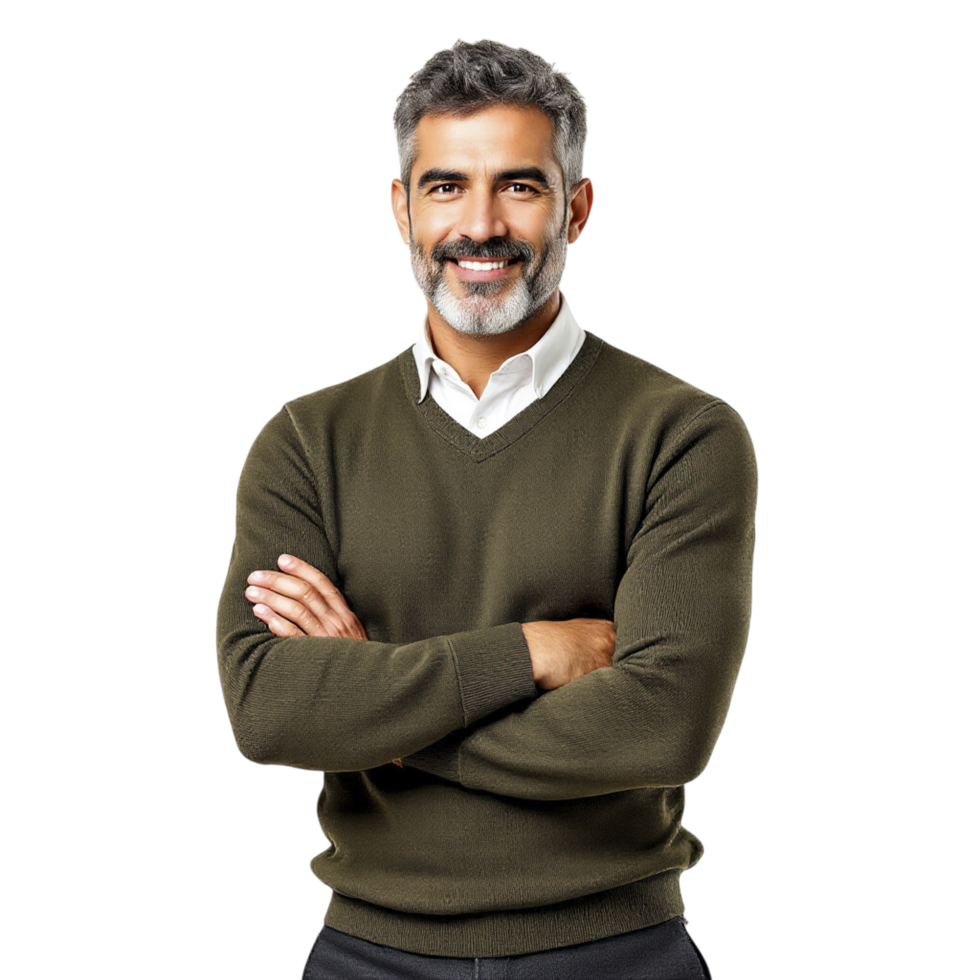 A man with a beard and sweater standing with his arms crossed png