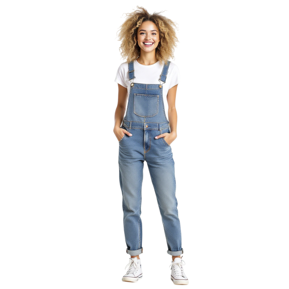 A woman in overalls with her hands on her hips png