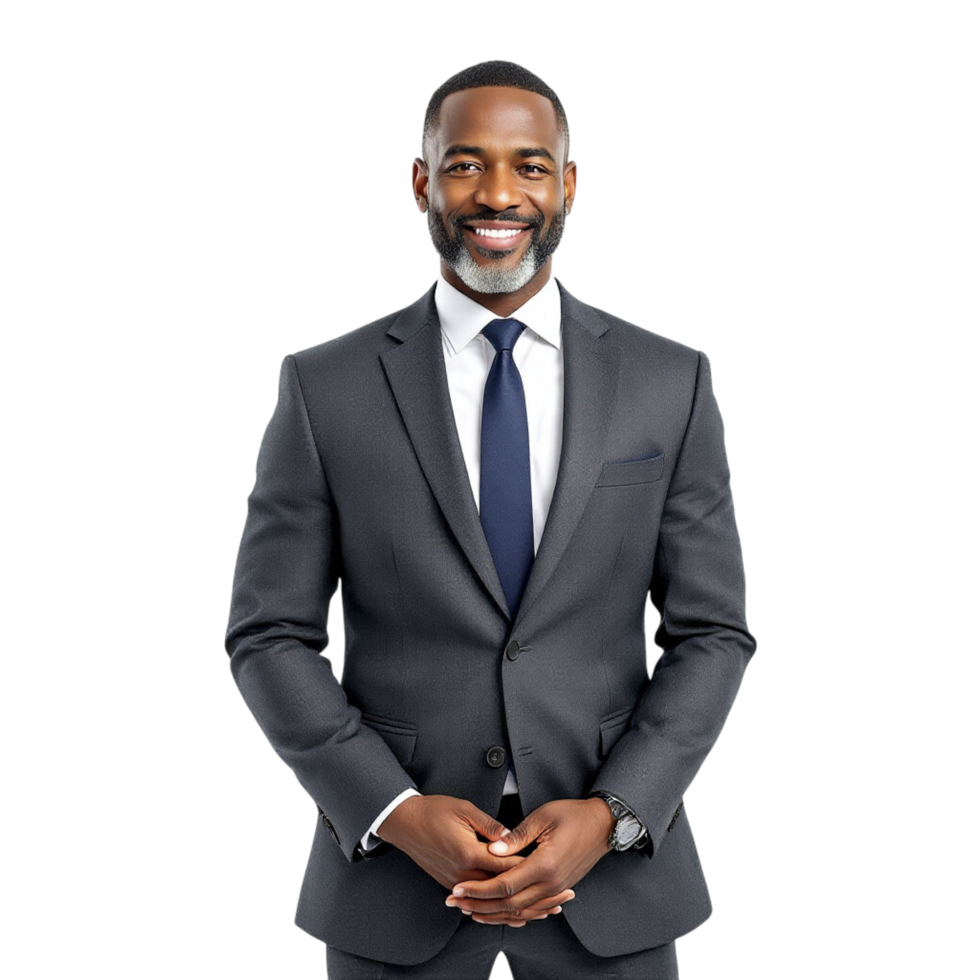 A black man in a suit and tie standing png