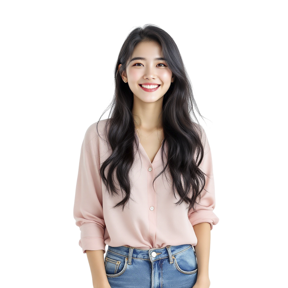 A woman in jeans and a pink blouse png