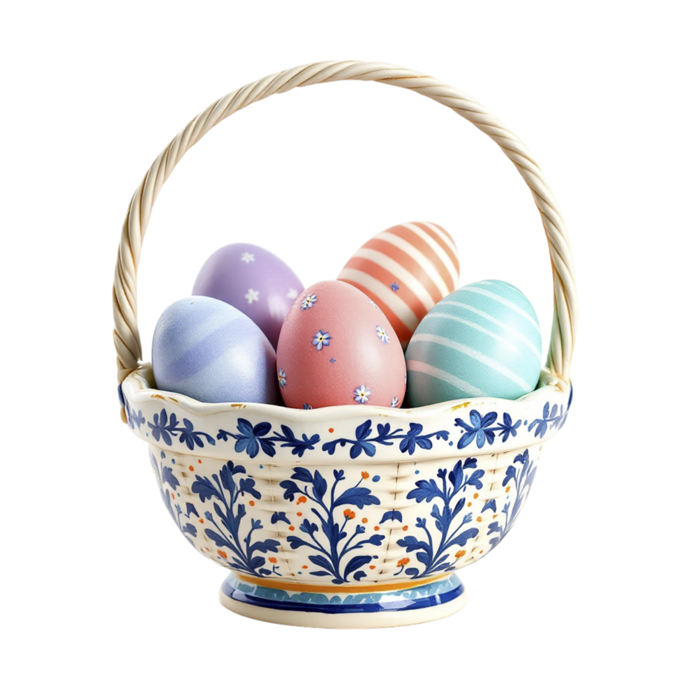 A basket filled with colorful eggs on a black background png
