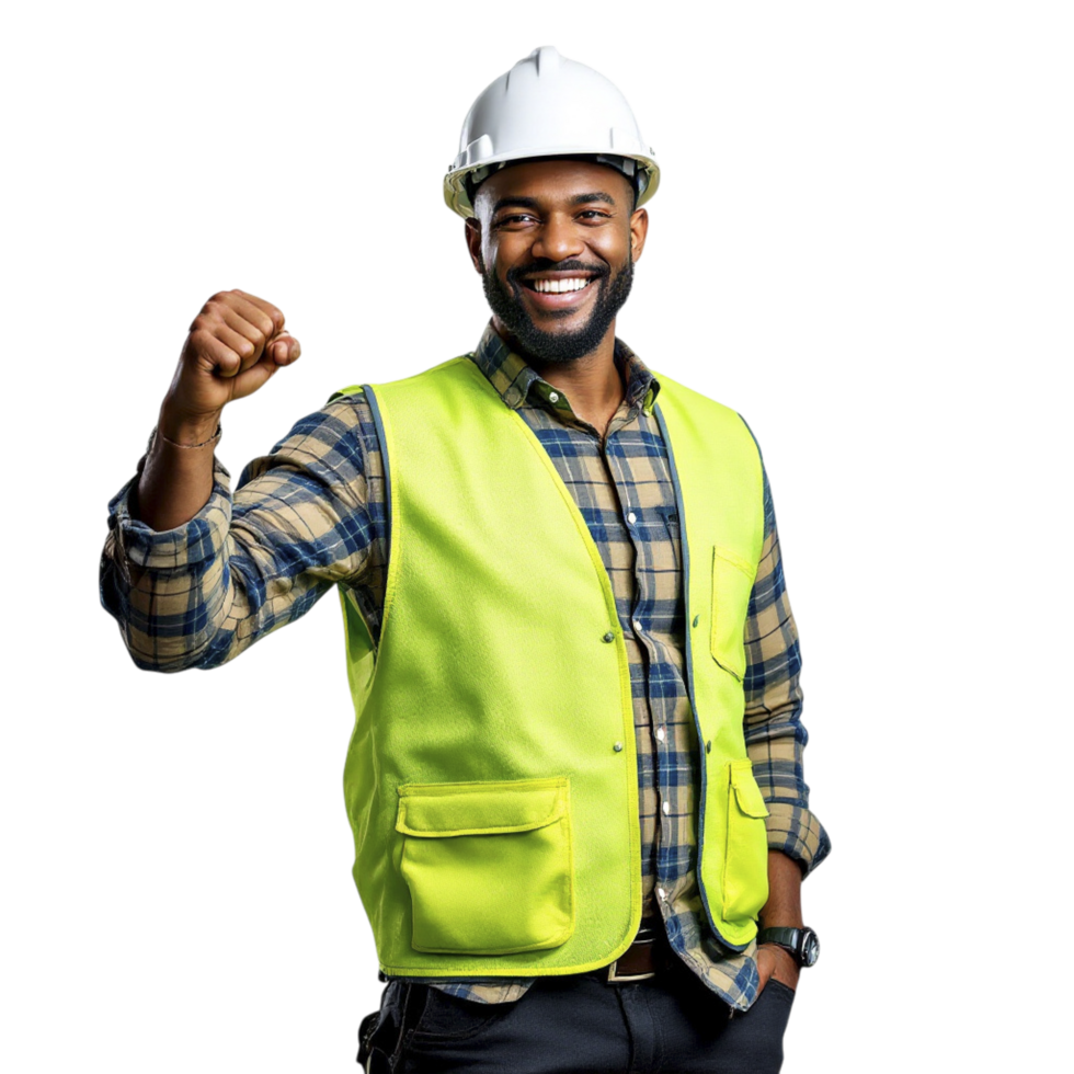 A man in a hard hat and vest is smiling png
