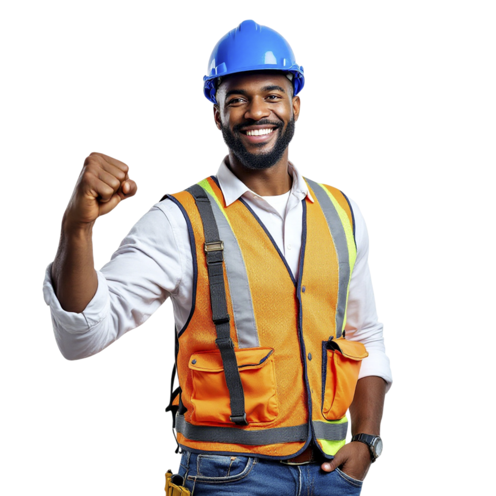 A black man in an orange vest and safety vest png