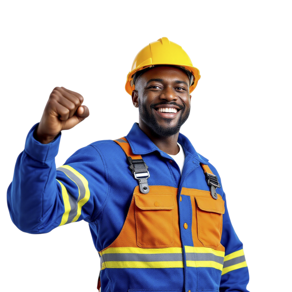 An african american man in a hard hat and overalls png