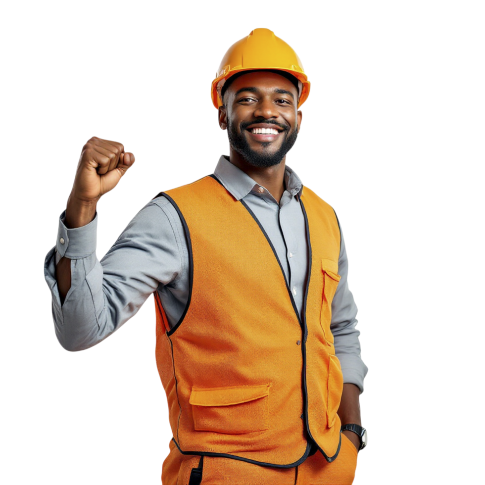 An african american man in an orange vest and hard hat png