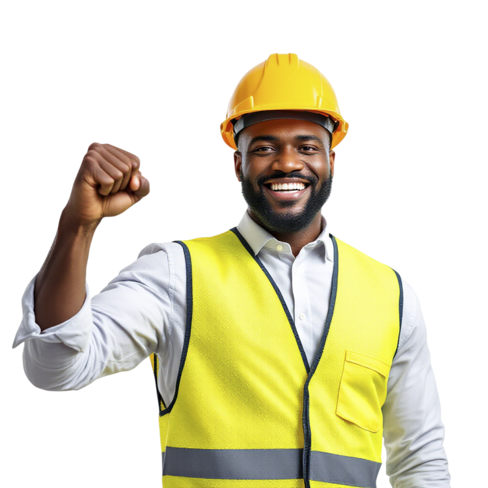 A black man in a hard hat and vest is holding up his fist png