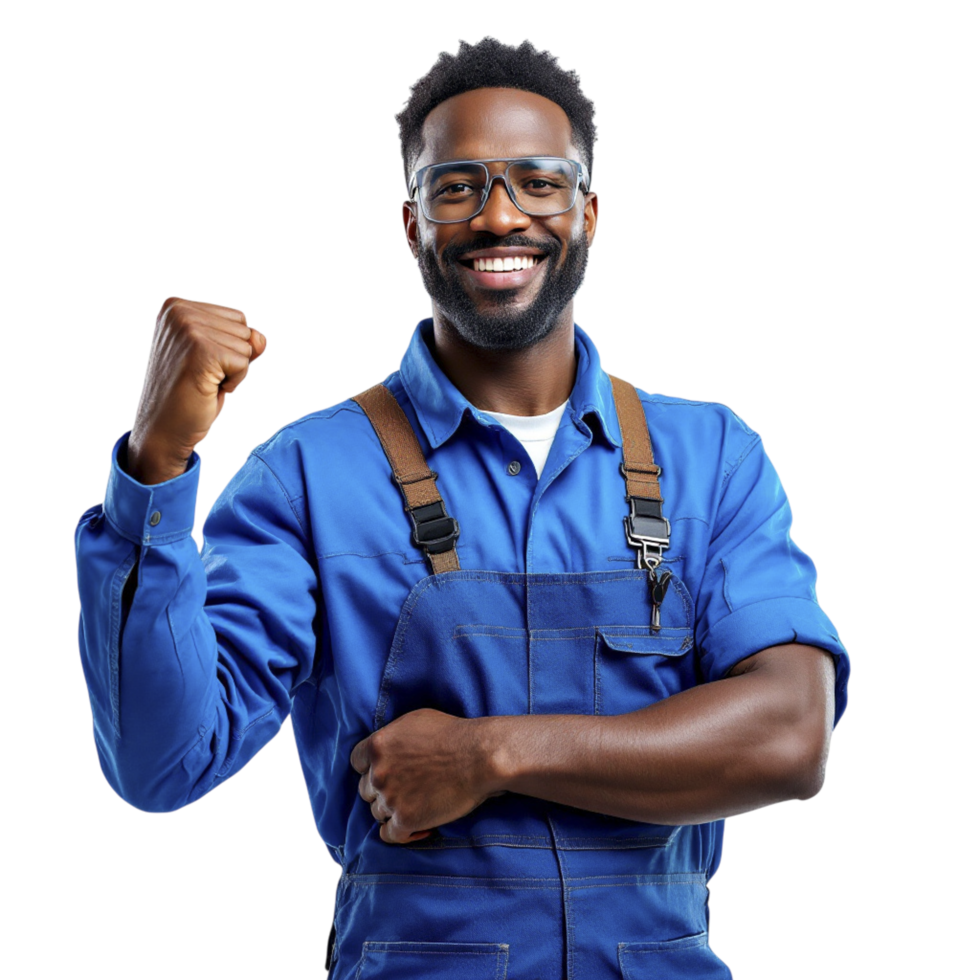 A black man in a blue work uniform with his fist up png