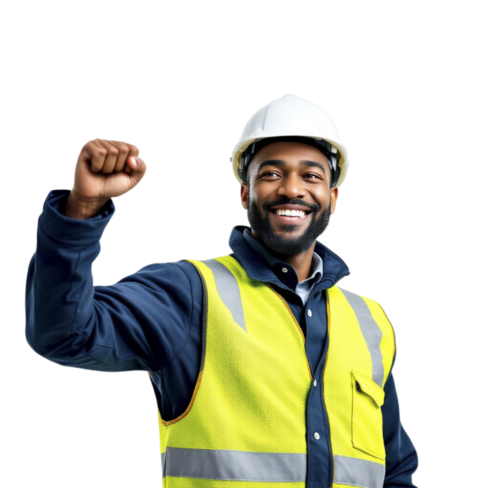 A black man in a safety vest and hard hat png