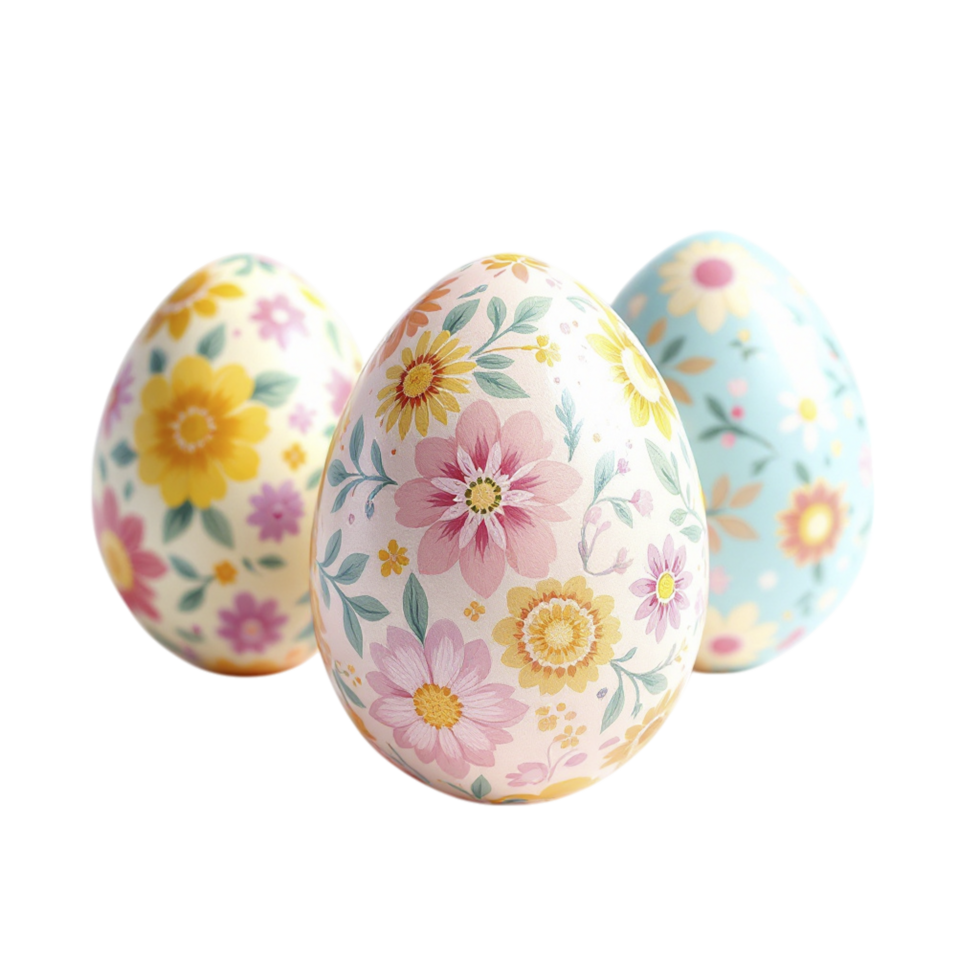 Three colorful easter eggs with floral designs on them png