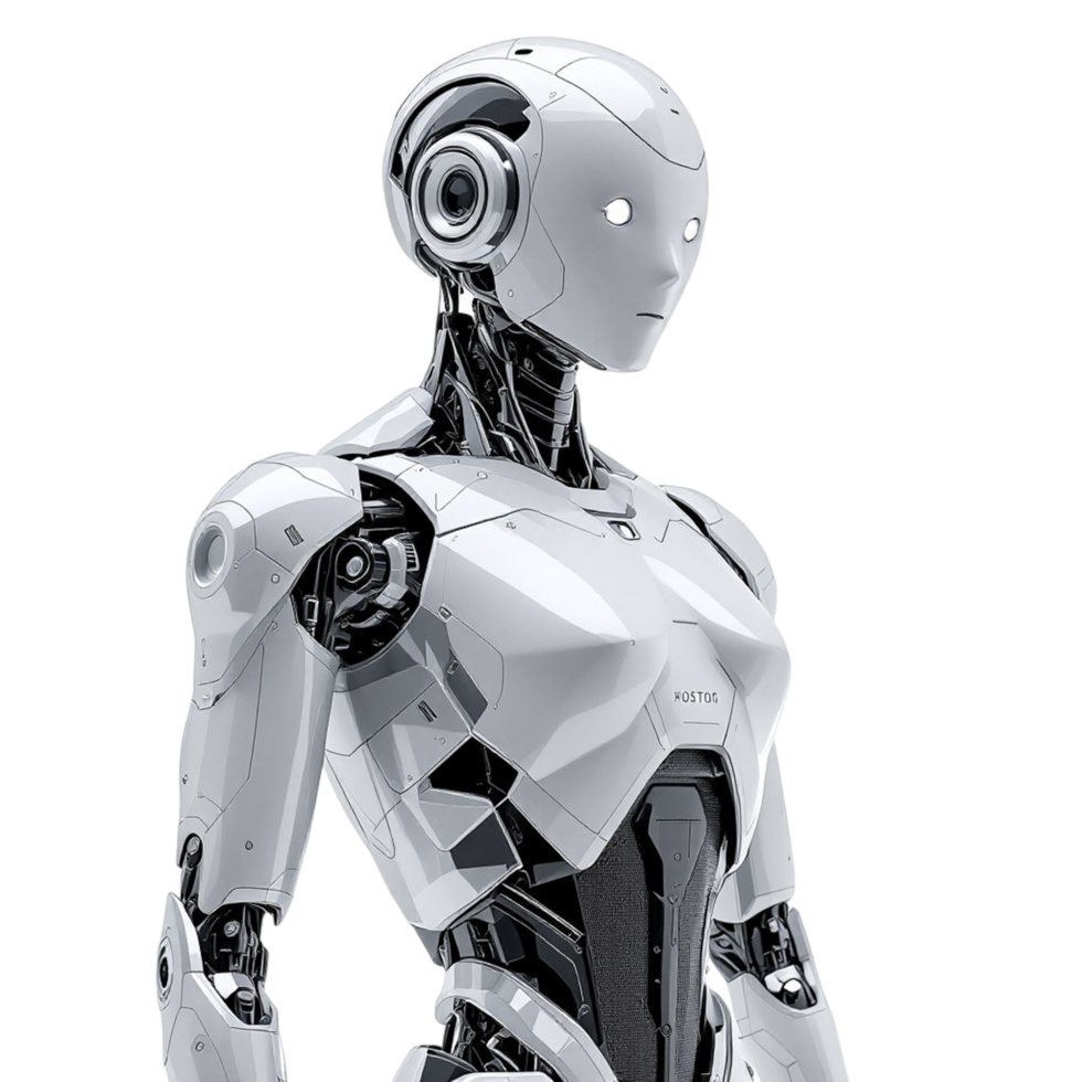 A white robot standing in front of a black background png