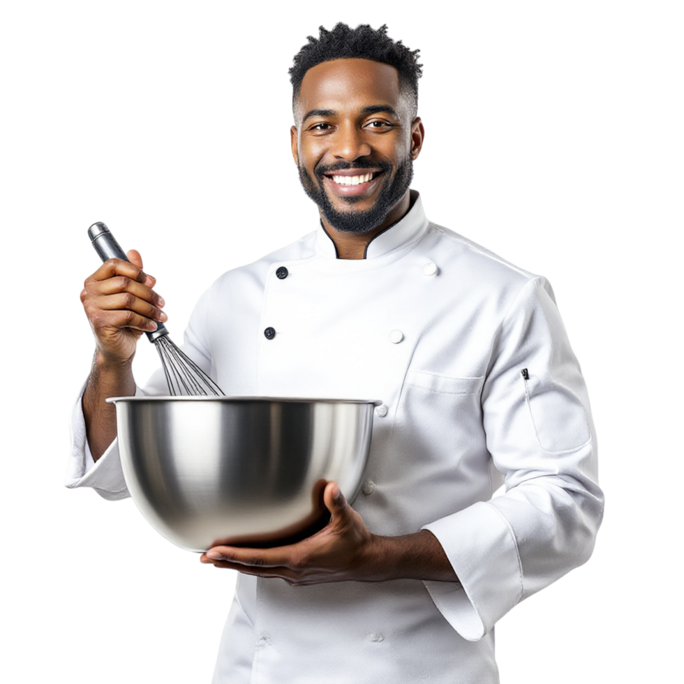 A smiling black man in a chef's uniform holding a mixing bowl png