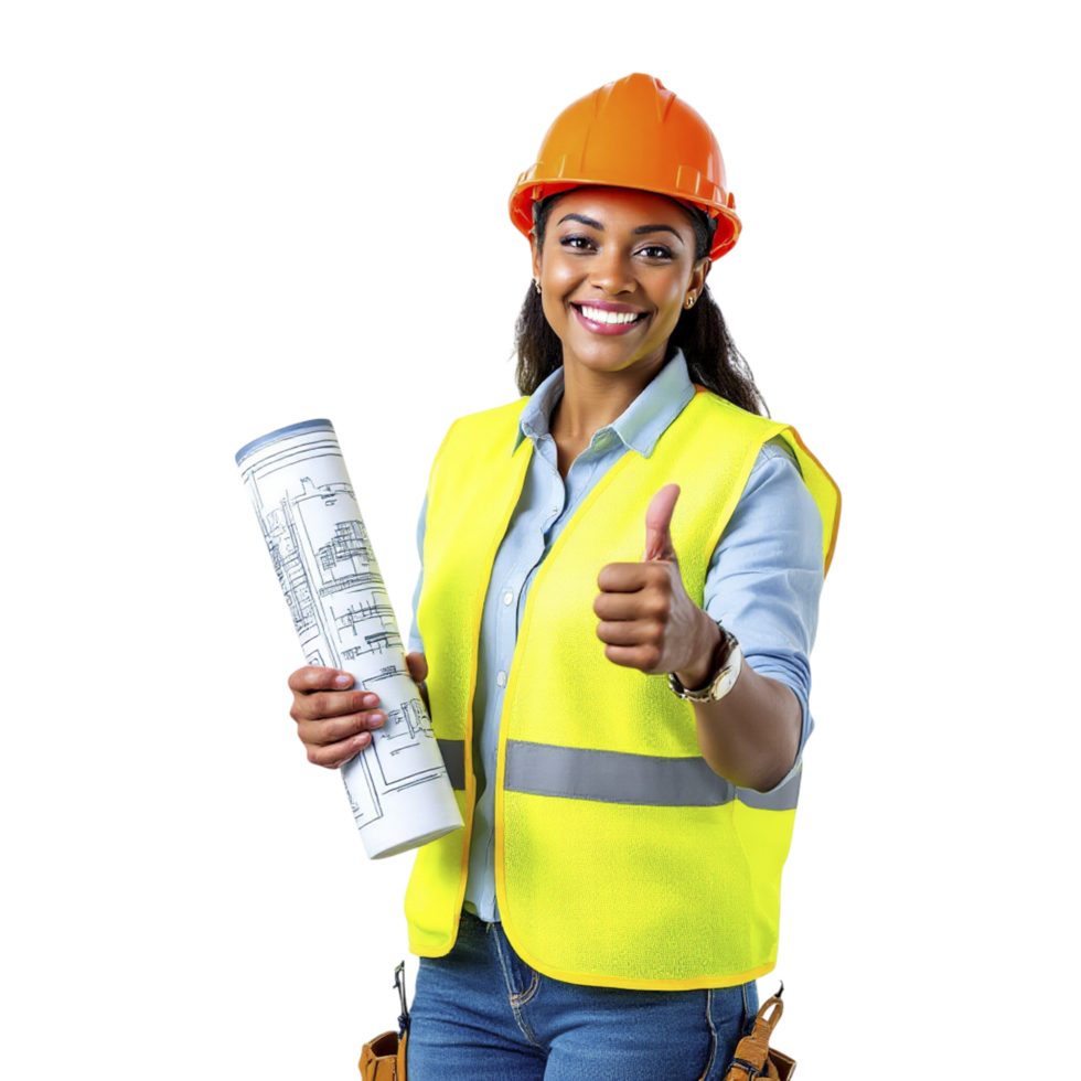 A woman in a hard hat and safety vest holding a blueprint png