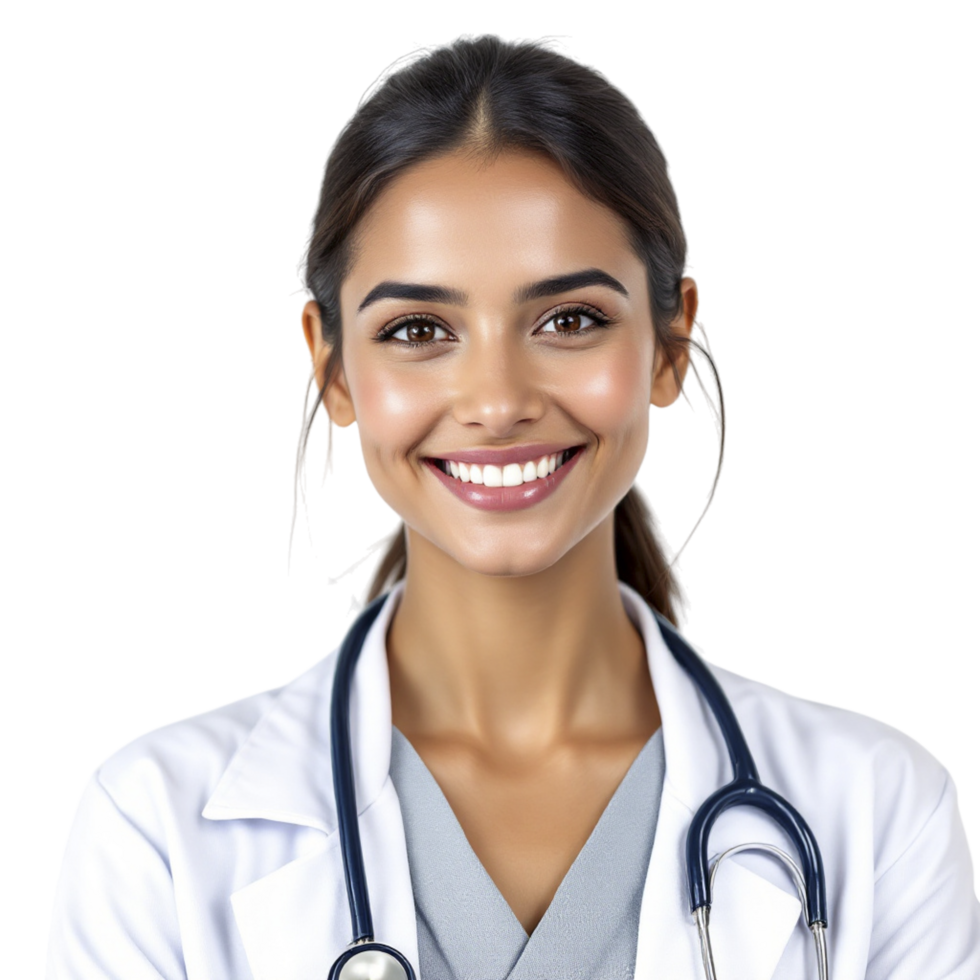 A smiling female doctor wearing a white coat png