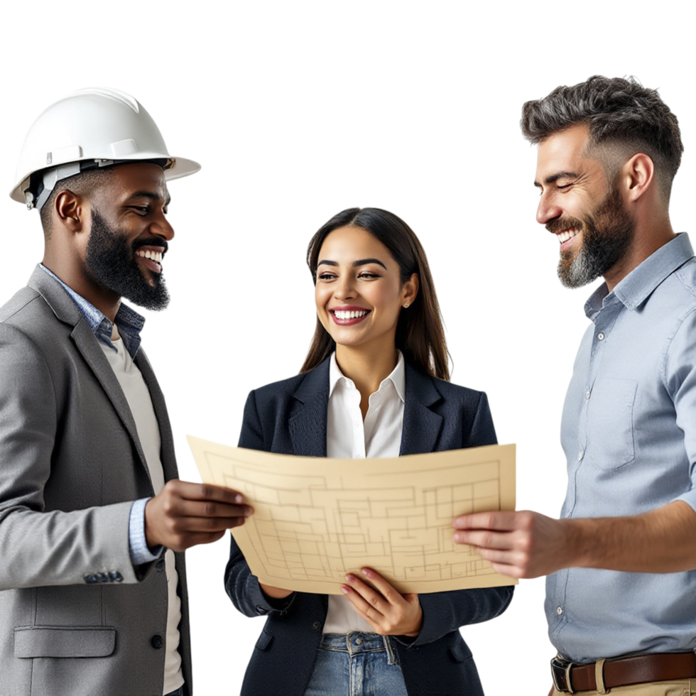 Three people in business attire holding a blueprint png