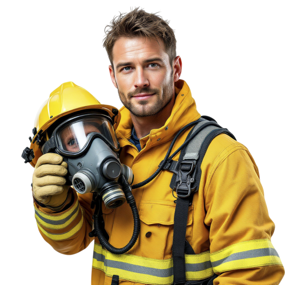 A man in a fireman outfit holding a gas mask png