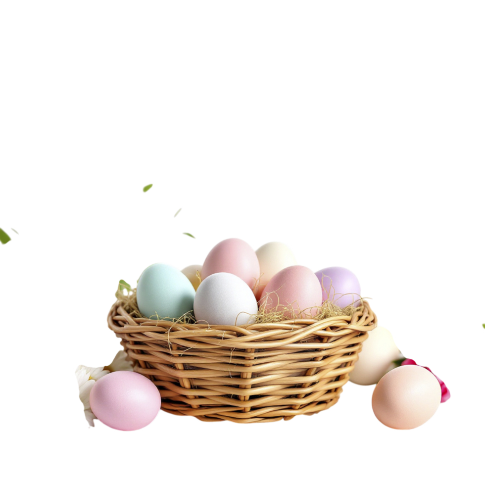 A basket filled with colored eggs on a black background png