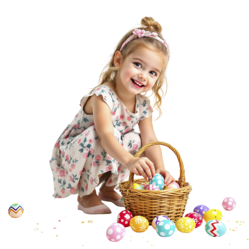 A little girl is holding a basket with colorful eggs png