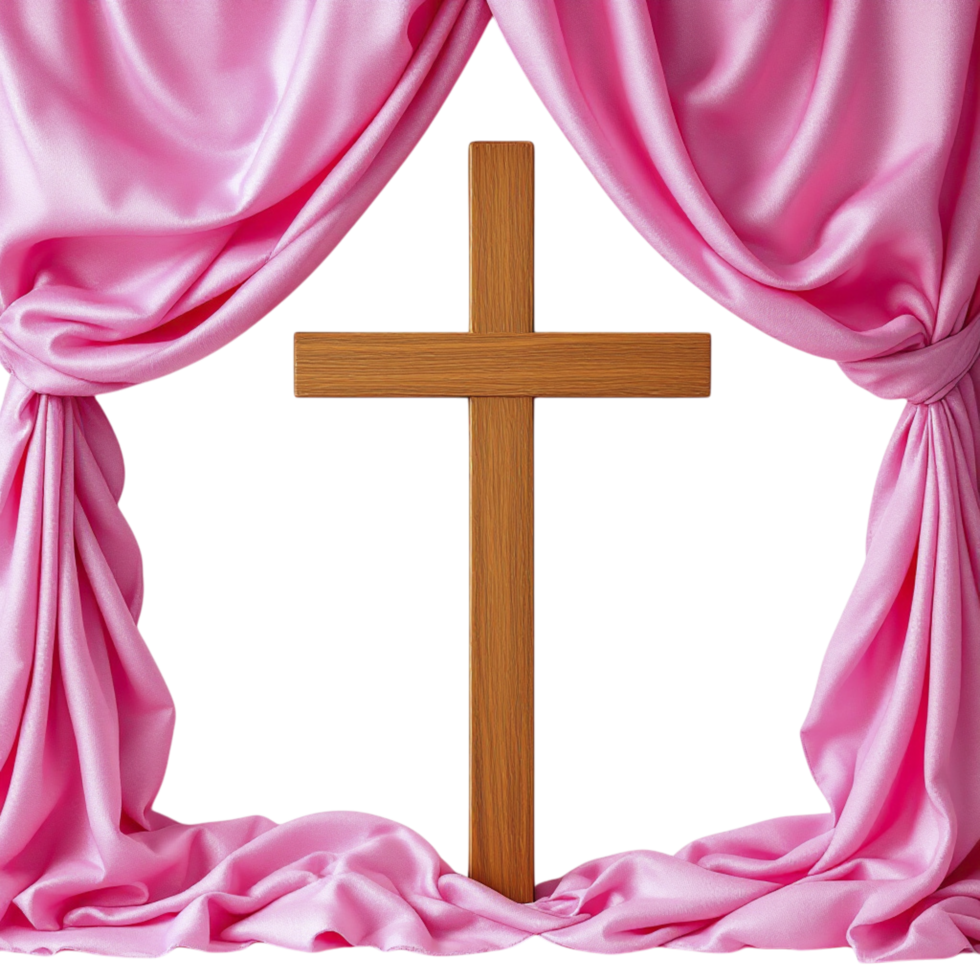 A cross and pink curtains on a black background png