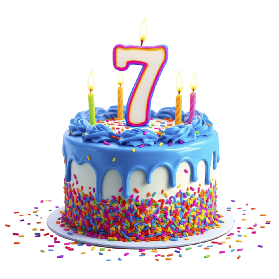 A birthday cake with seven candles and sprinkles png