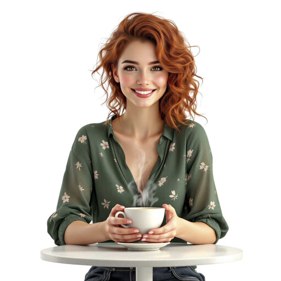 A woman with red hair sitting at a table with a cup of coffee png