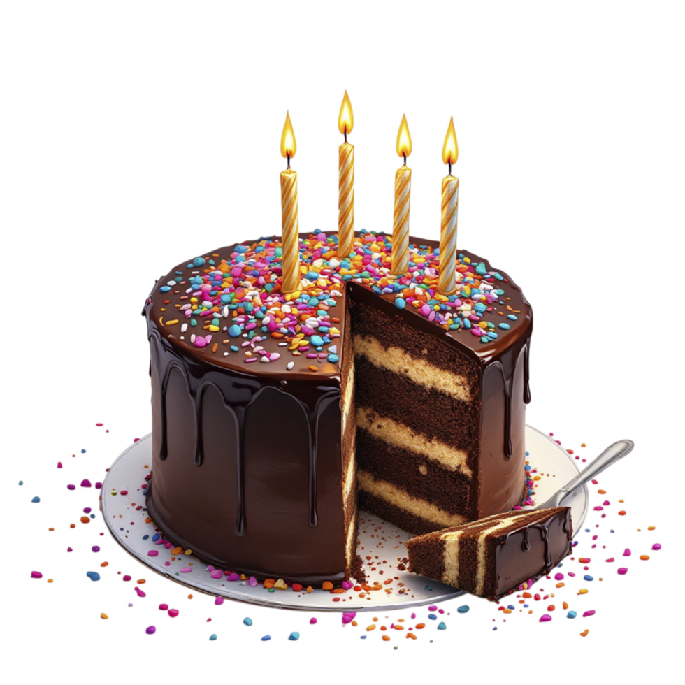 A chocolate cake with candles on top and sprinkles png