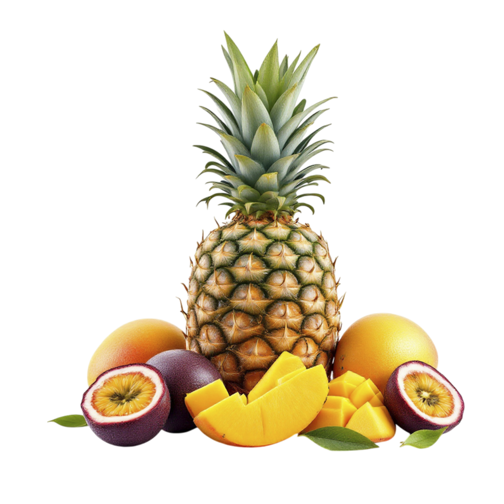 A pineapple, mango and other fruits are arranged on a black background png