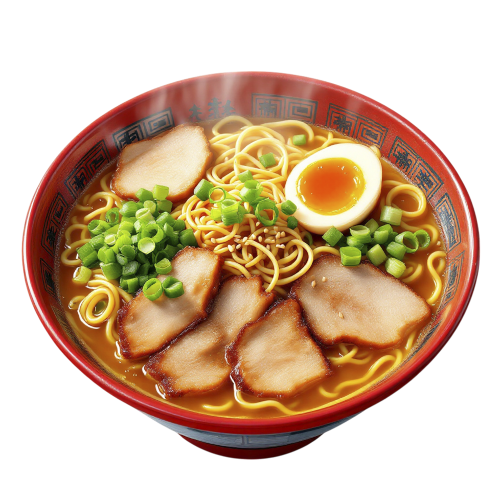 A bowl of ramen with meat and vegetables png