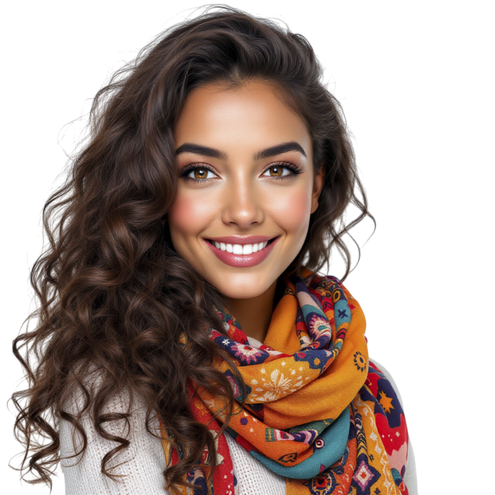 A beautiful young woman with long curly hair wearing a colorful scarf png