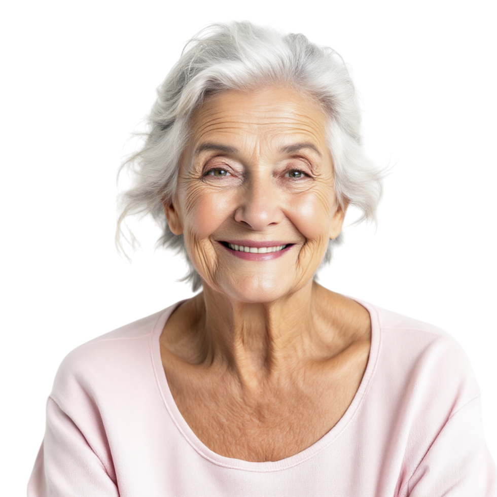 A woman with white hair and a pink sweater png