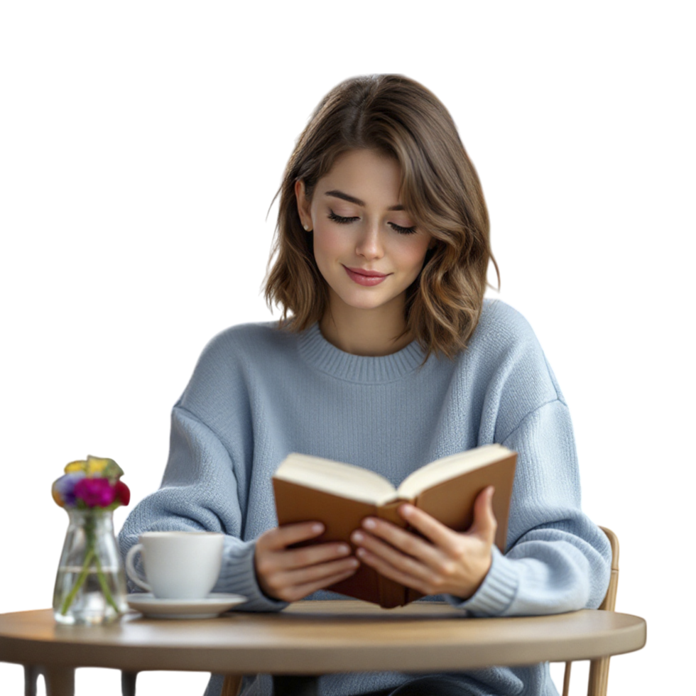 A woman is reading a book while sitting at a table png