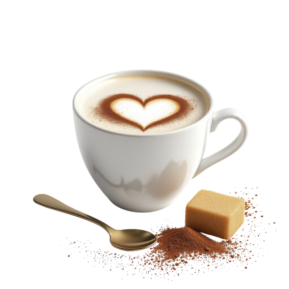 A cup of coffee with a heart shape on top and a spoon png
