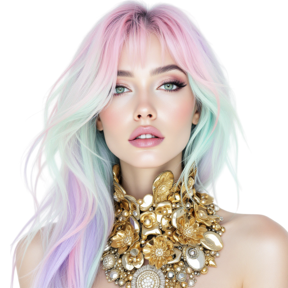 A woman with colorful hair and gold jewelry png