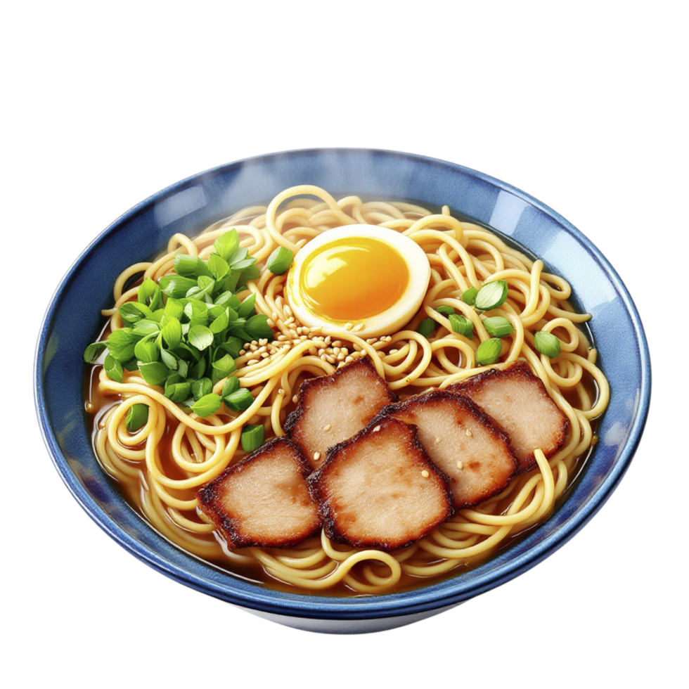 A bowl of ramen with an egg and meat png