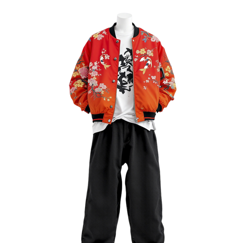 A mannequin wearing a red jacket and black pants png