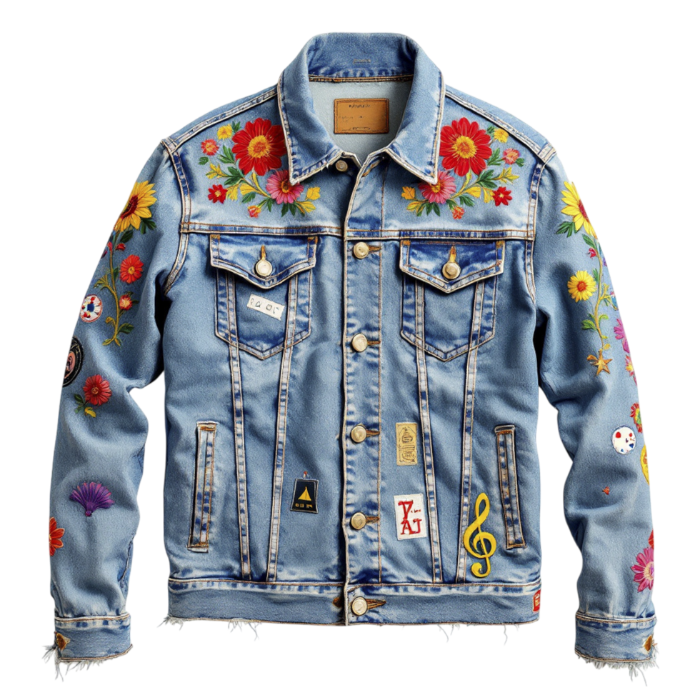 The denim jacket with flowers and music notes on it png