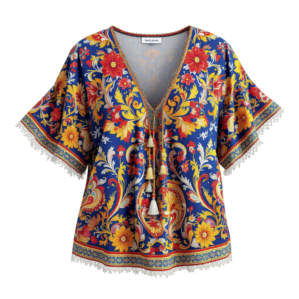 The paisley top is a colorful blouse with an embroidered design png