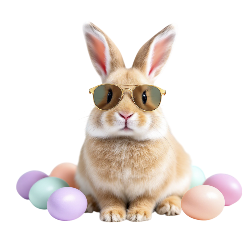A rabbit wearing sunglasses and surrounded by easter eggs png