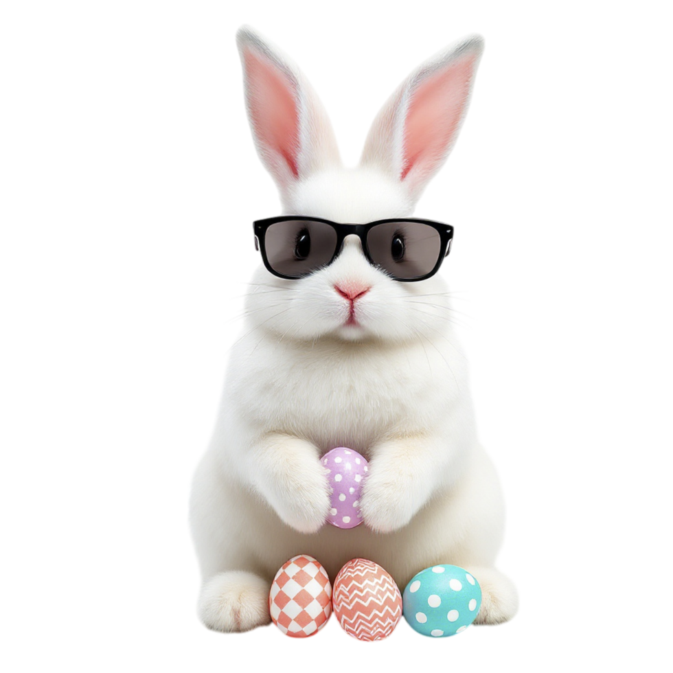 A white rabbit wearing sunglasses and holding eggs png