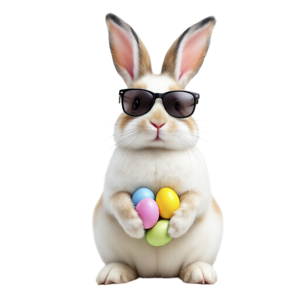 A white rabbit wearing sunglasses holding a bunch of colorful eggs png