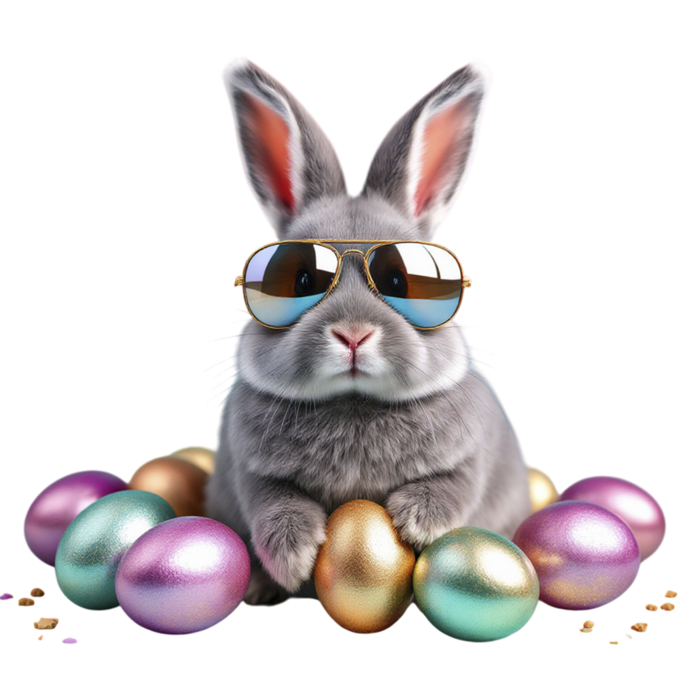 A bunny wearing sunglasses sits among colorful eggs png
